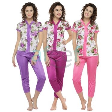 Picture of Floral Print Satin Pyjama Set Lounge wear nightwear (NSR10)