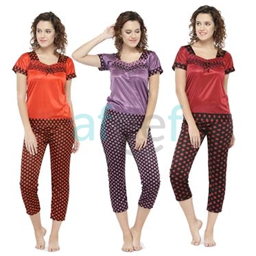 Picture of Short Sleeves Polka Dot Satin Top Pyjama Set (NSR09)