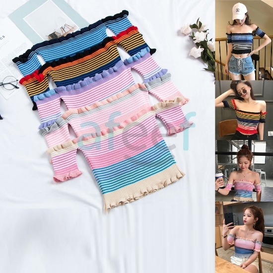 Picture of Colorful Short Sleeves Striped Neck Top  Free Size (4716)